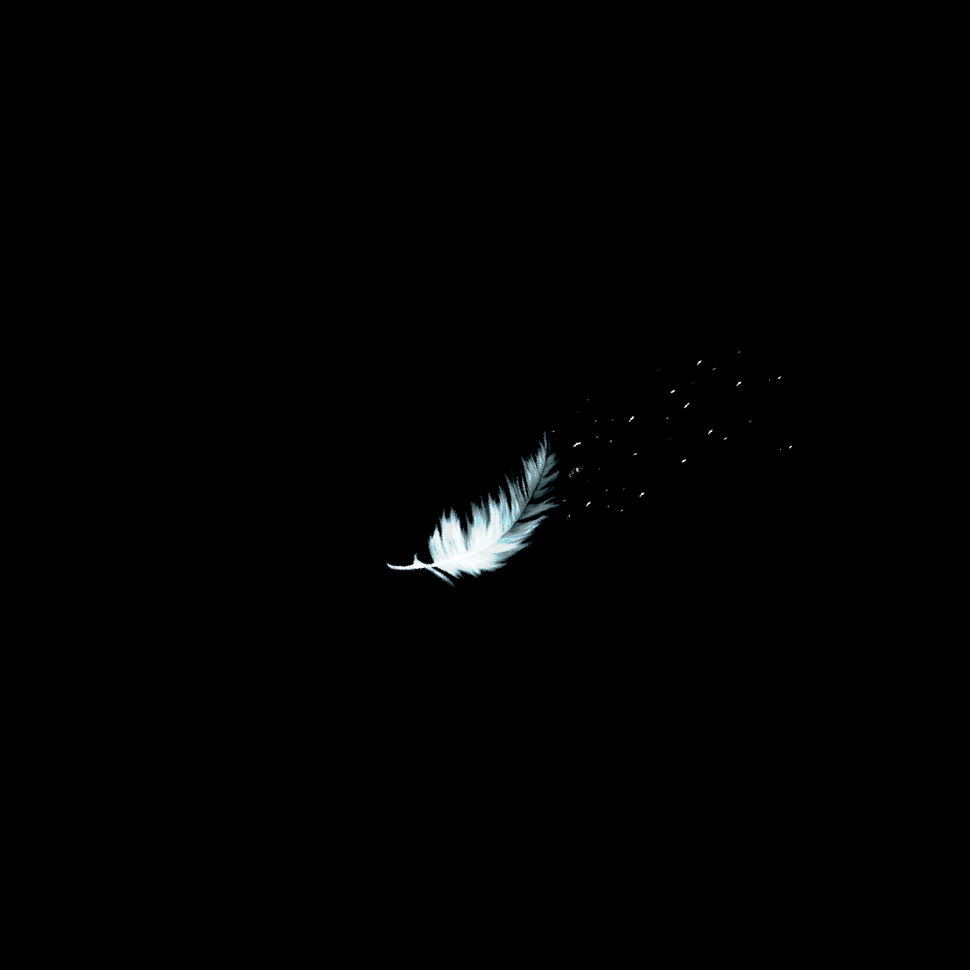 A white glowing feather in a black void, particles flowing off of it in an invisible wind.